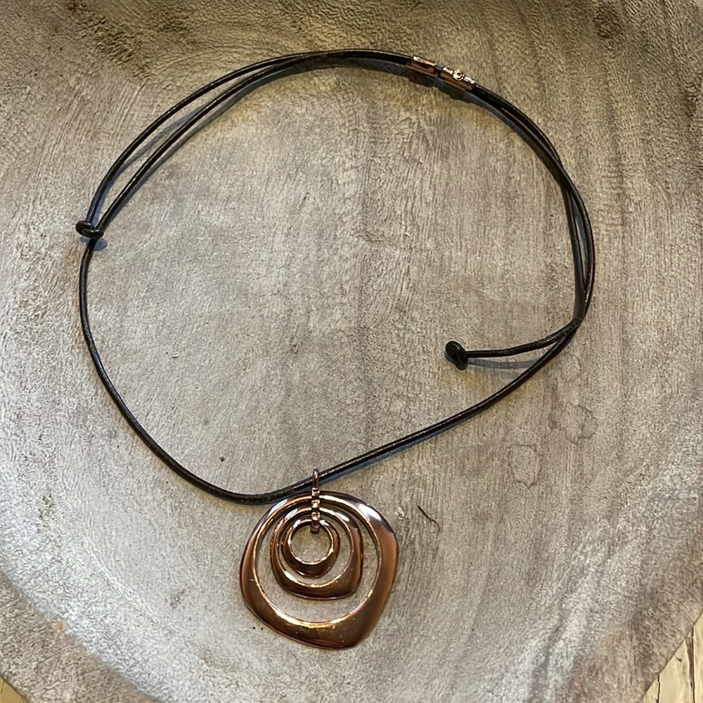 Fossil Necklace Copper Double Loop Pendant with Leather Cord 20"